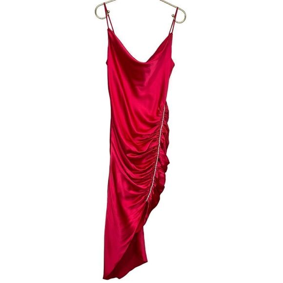 NEW REVOLVE cinq a sept Emilia Silk Asymmetric Midi Dress Red Raspberry 8 - Picture 5 of 12